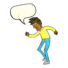 cartoon happy man dancing with speech bubble