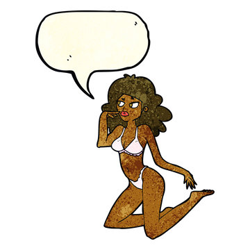cartoon woman in underwear looking thoughtful with speech bubble