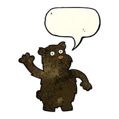 cartoon waving black bear with speech bubble