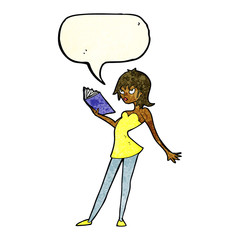 cartoon woman reading book with speech bubble