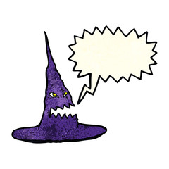 cartoon spooky witches hat with speech bubble