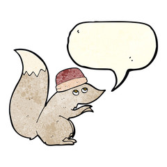 cartoon squirrel wearing hat with speech bubble