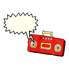 cartoon radio cassette player with speech bubble