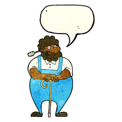 cartoon farmer leaning on walking stick with speech bubble
