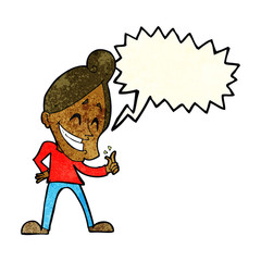 cartoon man snapping fingers with speech bubble