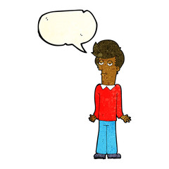 cartoon bored man shrugging shoulders with speech bubble