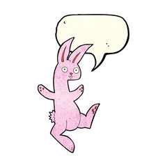 funny cartoon pink rabbit with speech bubble