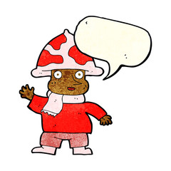 cartoon mushroom man with speech bubble