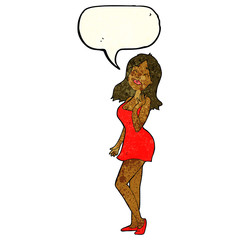 cartoon pretty woman in cocktail dress with speech bubble