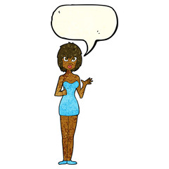 cartoon confused woman in cocktail dress with speech bubble