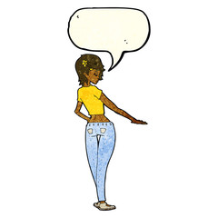 cartoon pretty girl in jeans and tee with speech bubble