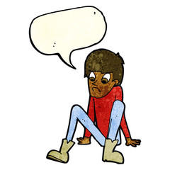 cartoon boy sitting on floor with speech bubble
