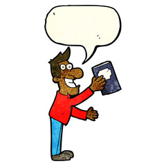 cartoon man with book with speech bubble
