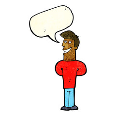 cartoon grinning man with speech bubble