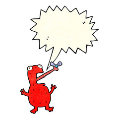 cartoon poisonous frog catching fly with speech bubble