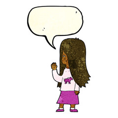 cartoon girl with pony shirt waving with speech bubble