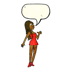 cartoon woman in pink dress with speech bubble