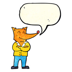 cartoon fox in shirt with speech bubble