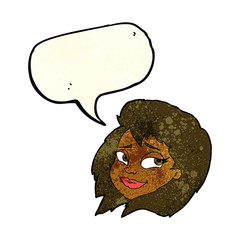 cartoon happy female face with speech bubble