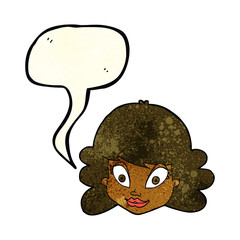 cartoon happy female face with speech bubble