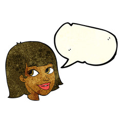cartoon happy female face with speech bubble