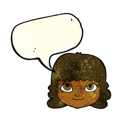 cartoon happy female face with speech bubble