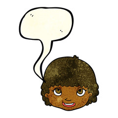 cartoon happy female face with speech bubble