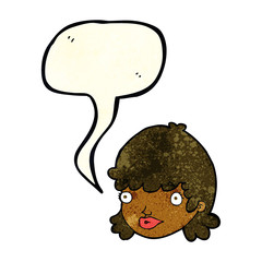 cartoon female face with surprised expression with speech bubble