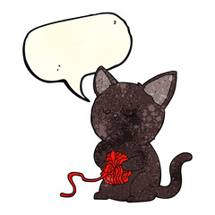 cartoon cute black cat playing with ball of yarn with speech bub