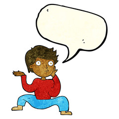 cartoon boy doing crazy dance with speech bubble