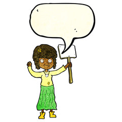 cartoon hippie girl with protest sign with speech bubble