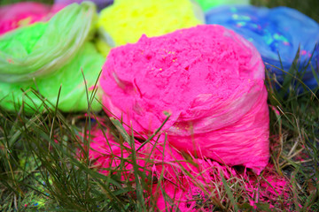 Bags with Indian dyes on Holi color festival