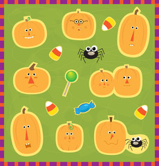 Pumpkin Faces Stickers - Cute set of different pumpkin faces, spider and candies. Eps10