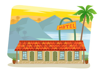 Motel - Cute motel with palm tree at the front and landscape of mountains, sea and palm trees in the background. Eps10