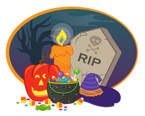 Halloween Icon - Halloween items in front of a spooky background. Eps10