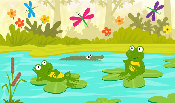 At The Pond - Two cute frogs are sitting on water lilies and looking at colorful dragonflies. Eps10