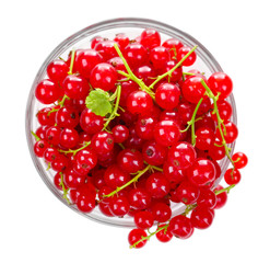 Fresh red currants in glass bowl isolated on white