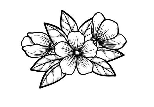 branch of a blossoming tree in graphic black white style, drawing by hand. Symbol of spring