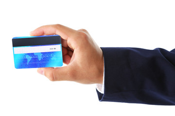 Hand holding credit card, isolated on white
