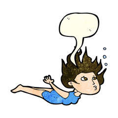 cartoon woman swimming underwater with speech bubble