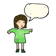 cartoon woman in patched clothing with speech bubble