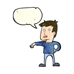 cartoon man making camp gesture with speech bubble