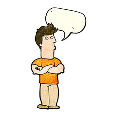 cartoon man with folded arms with speech bubble