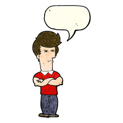 cartoon man with folded arms with speech bubble