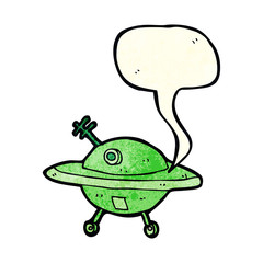 cartoon flying saucer with speech bubble