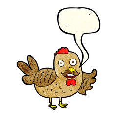 cartoon old rooster with speech bubble