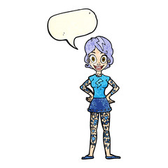 cartoon woman with heavy tattoos with speech bubble