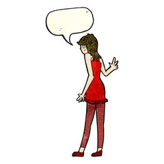 cartoon woman waving with speech bubble