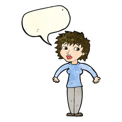 cartoon woman shrugging shoulders with speech bubble