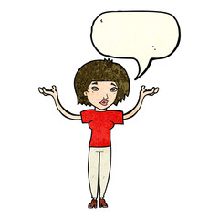 cartoon woman shrugging shoulders with speech bubble